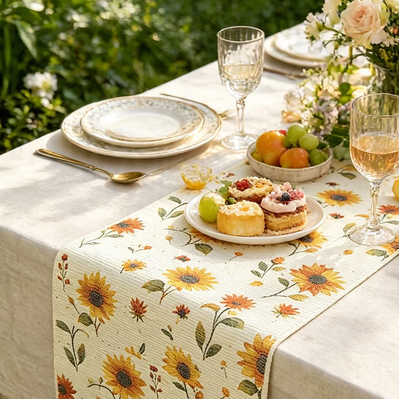 Gewebter Tischläufer mit floraler Stickerei und Fransenabschluss