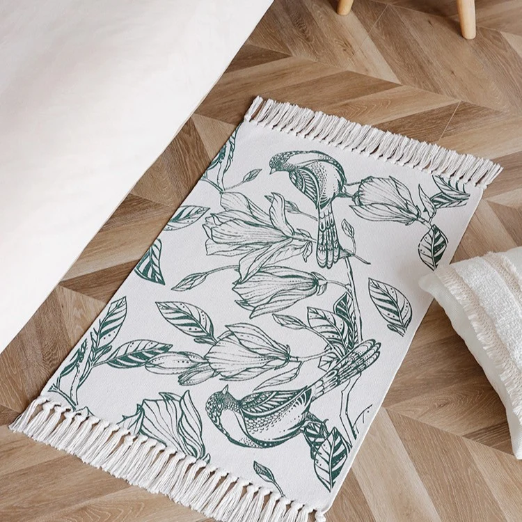 Gewebter Tischläufer mit botanischem Vogelprint und dekorativen Fransen