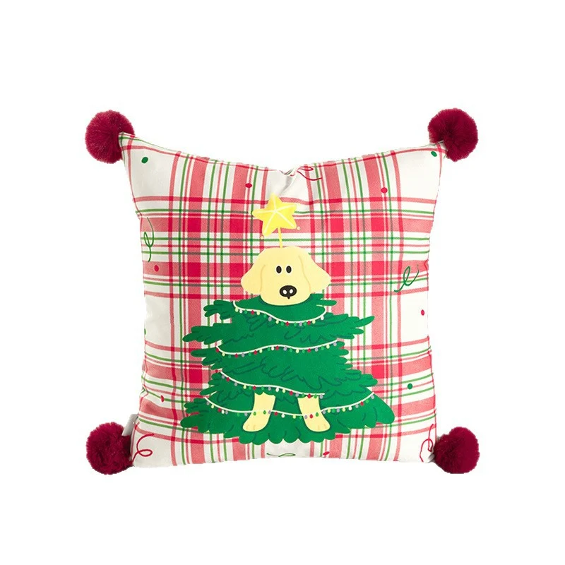 Quadratisches Weihnachts-Dekokissen mit Bommel-Ecken und bedrucktem Hunde-Motiv