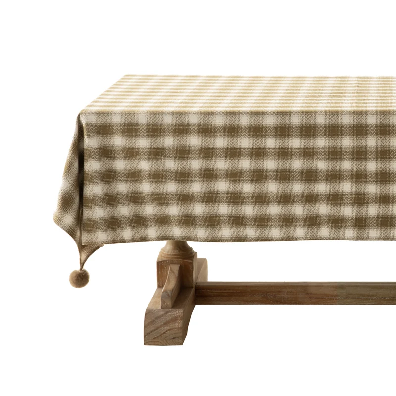 Rechteckige karierte Tischdecke aus Baumwollmix mit Pompon-Ecken