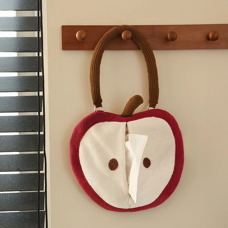Wandhängende Taschentuch‑Tasche in Apfelform mit Griff, Plüsch‑Applikationen und Öffnung für Tücher