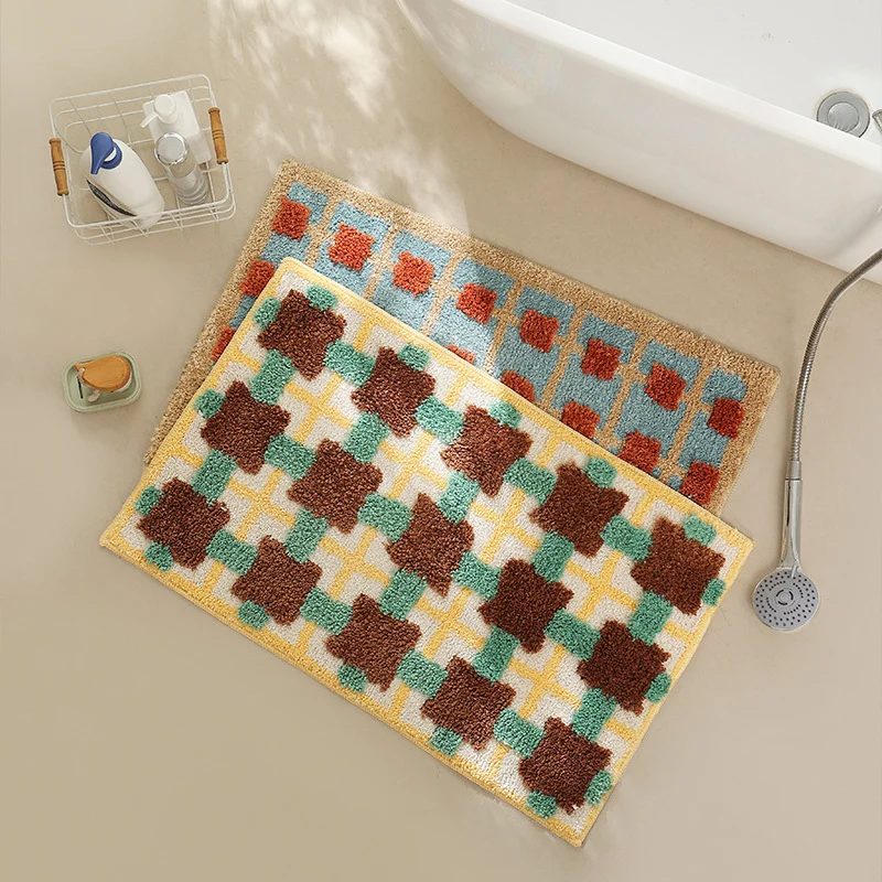 flauschige Bad- und Fußmatte aus Baumwoll-Tufting mit Retro-Karo-Muster