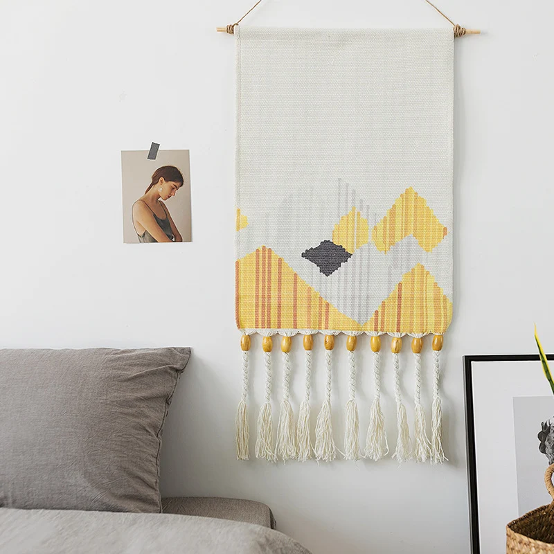 Boho-Wandbehang-Set mit gewebten Ethno-Motiven, Quasten und Holzstab