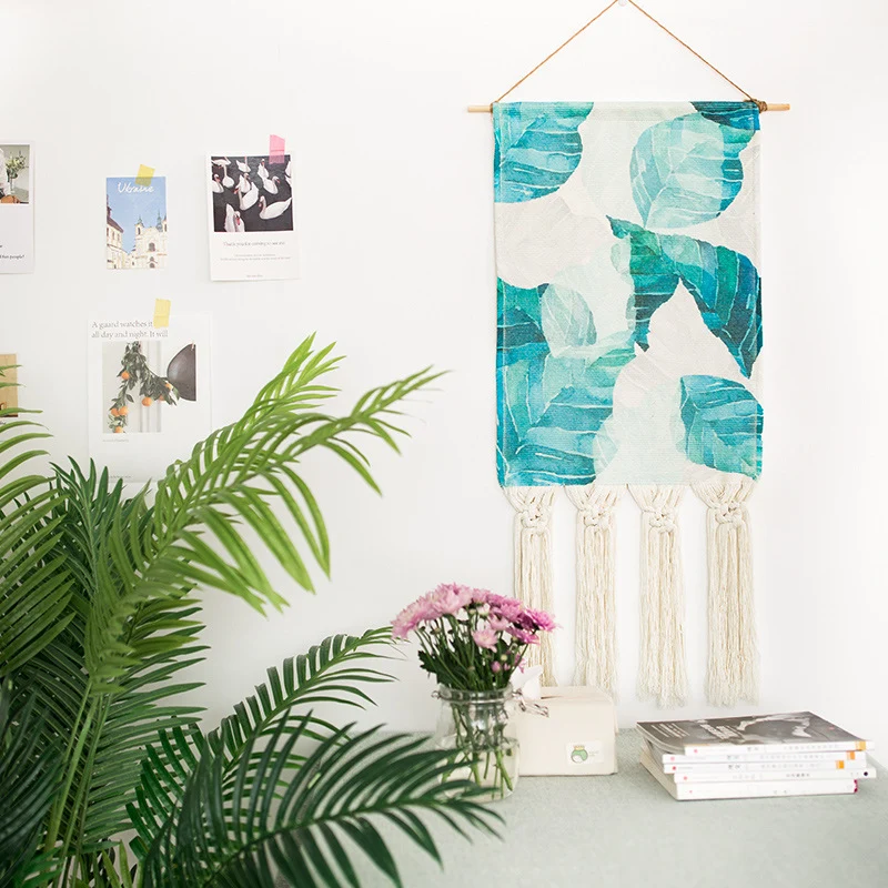 Boho-Wandbehang-Set mit gewebten Ethno-Motiven, Quasten und Holzstab