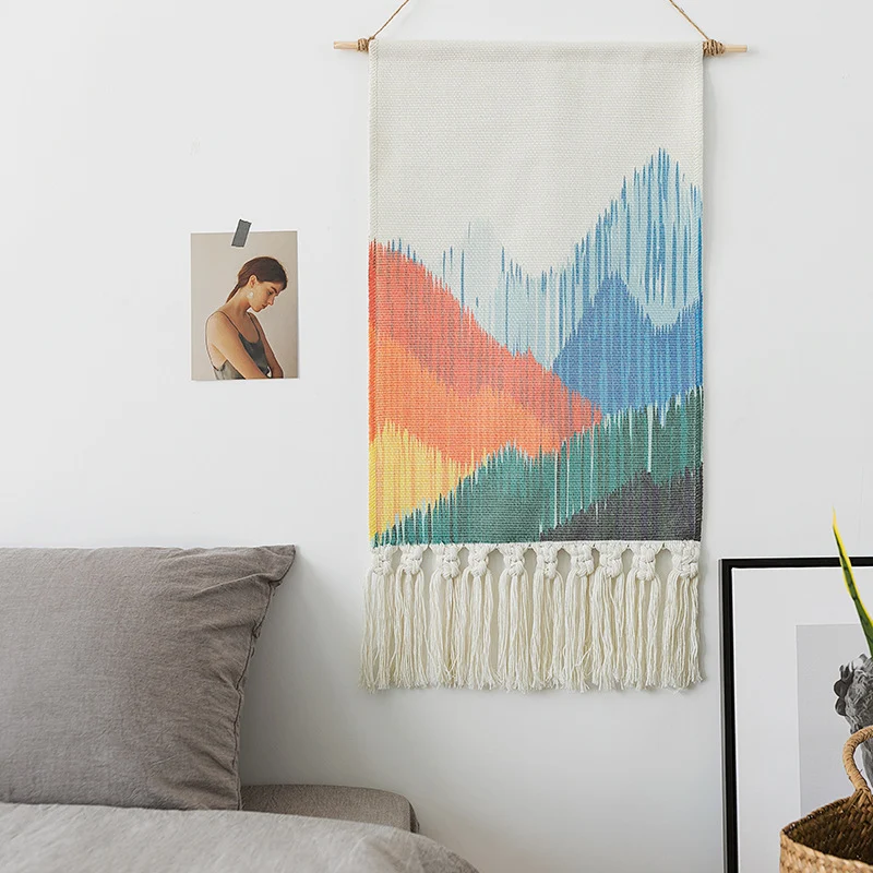 Boho-Wandbehang-Set mit gewebten Ethno-Motiven, Quasten und Holzstab