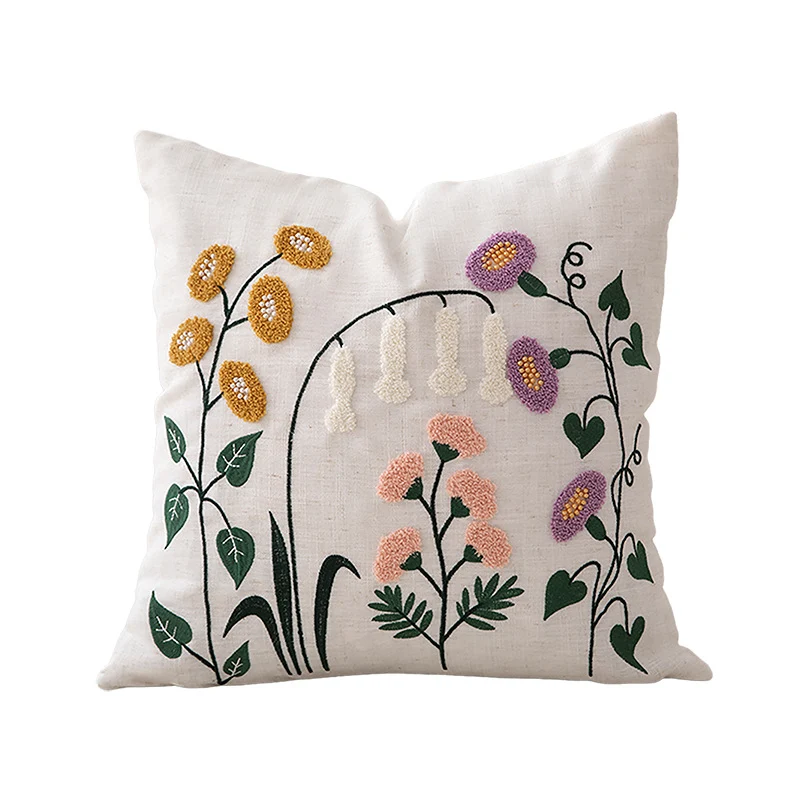 Besticktes Leinen-Dekokissen mit botanischer Blumenstickerei