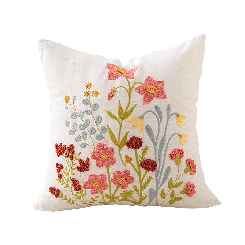 Besticktes Leinen-Dekokissen mit botanischer Blumenstickerei
