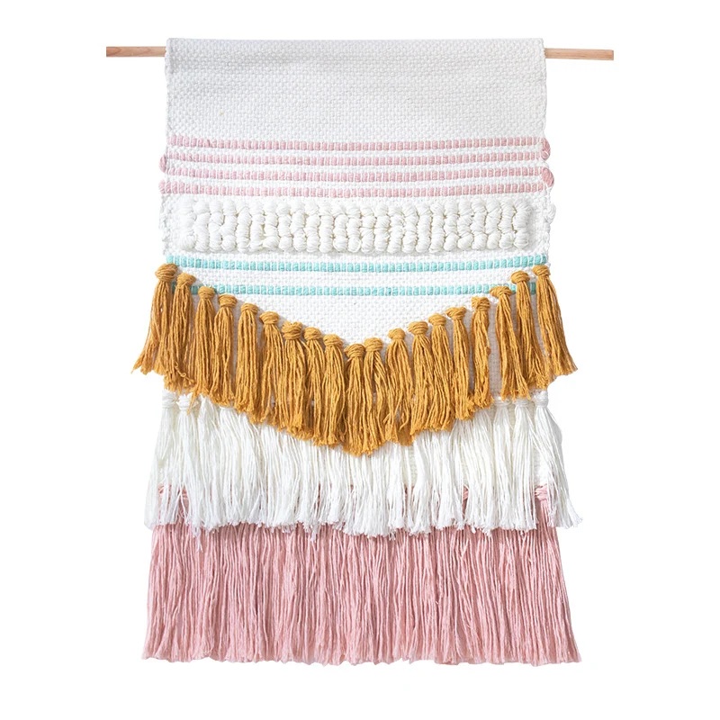 Handgewebter Wandbehang im Boho-Stil mit Quasten und geometrischer Struktur