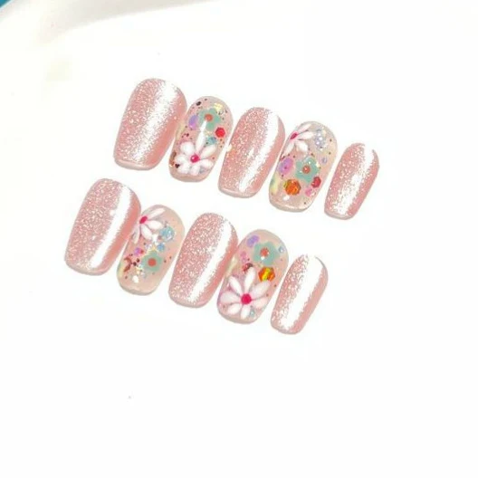 Blumen- und Glitzer-Dekorative Press-On Nagelset