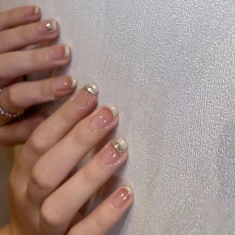 Elegante Strass Französische Tip Press-On Nägel