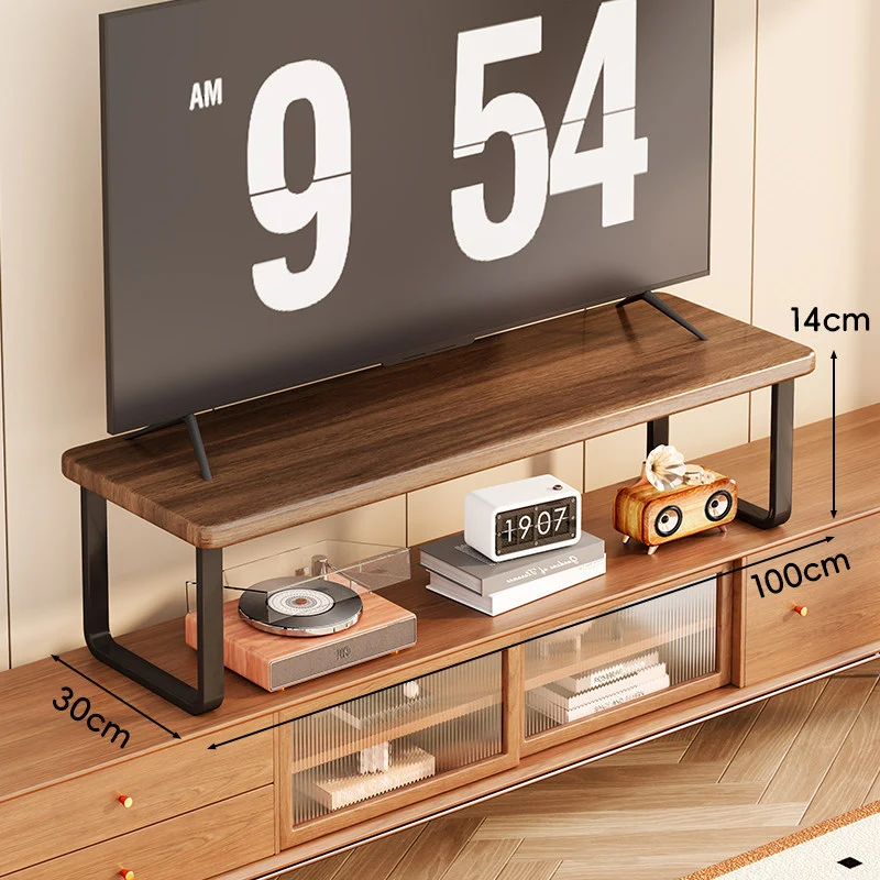 Breite Holz-TV-Ständer mit Metall-U-Beinen und erhöhter Ablage