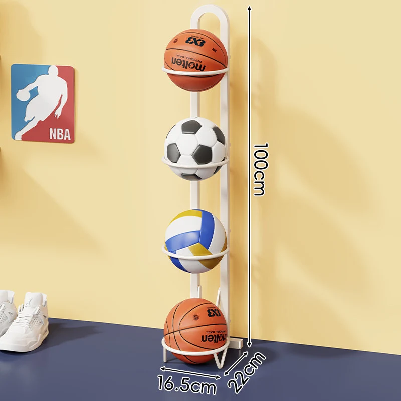 Vertikaler Sportball-Lagerregal mit vier Körben und schlankem Metallrahmen