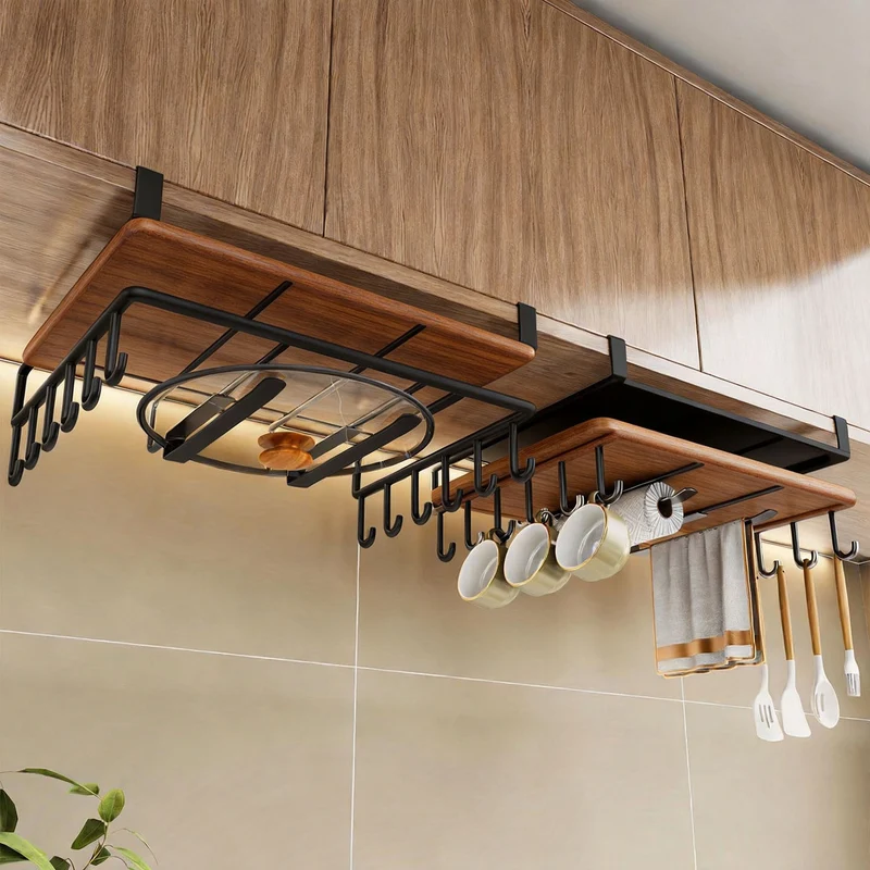 Unter-Küchenschrank Bambusregal mit Multi-Haken Becher, Deckel und Utensilien Organizer