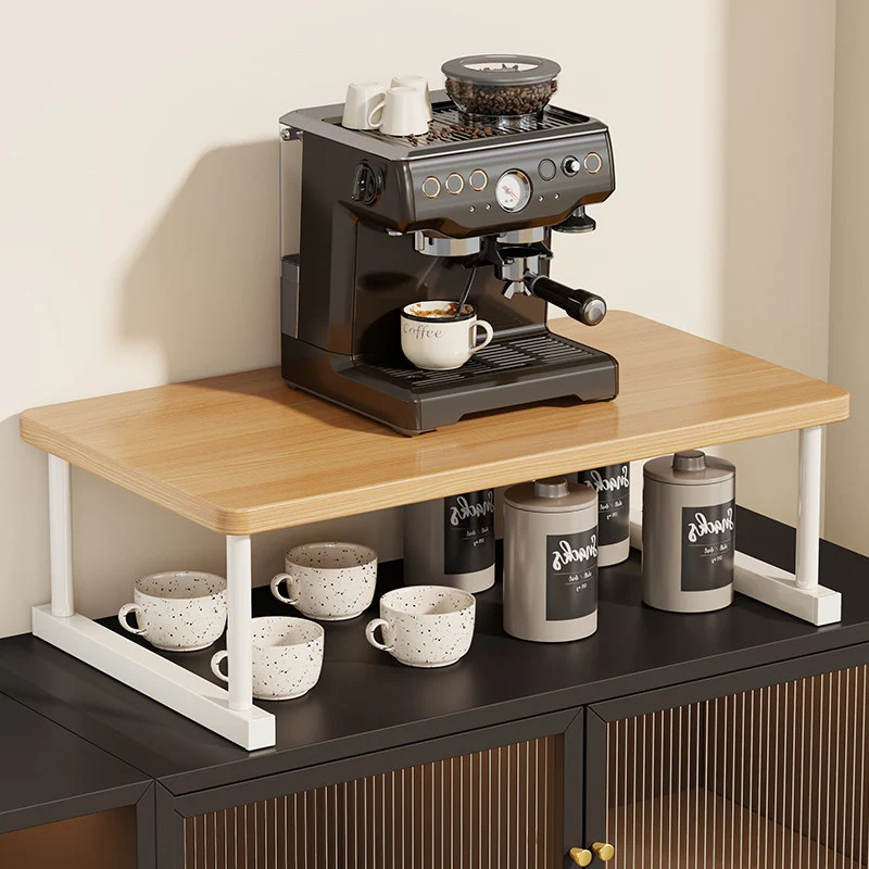 Zwei-Ebenen-Thekenkaffee-Station-Regalaufsatz mit Walnuß-Top und Metallrahmen