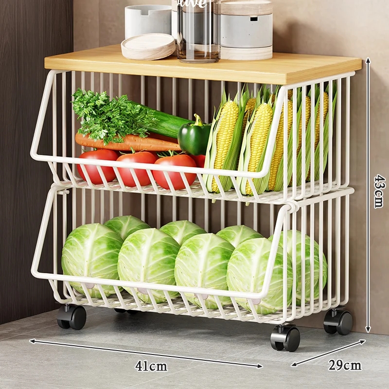 Multi-Ebenen Rollen Kücheneinkaufswagen für Obst und Gemüse mit Holzoberfläche