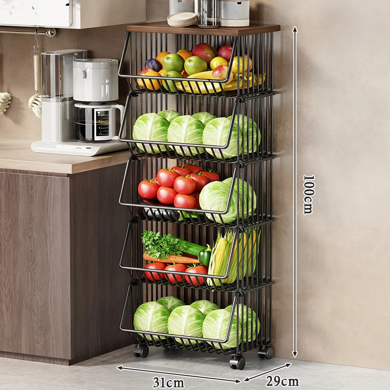 Multi-Ebenen Rollen Kücheneinkaufswagen für Obst und Gemüse mit Holzoberfläche