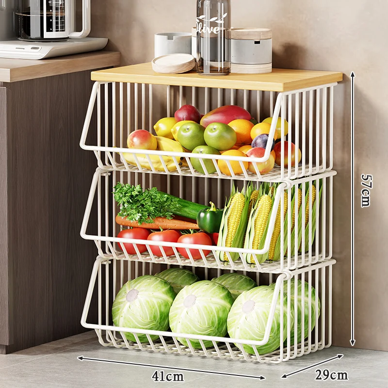 Multi-Ebenen Rollen Kücheneinkaufswagen für Obst und Gemüse mit Holzoberfläche
