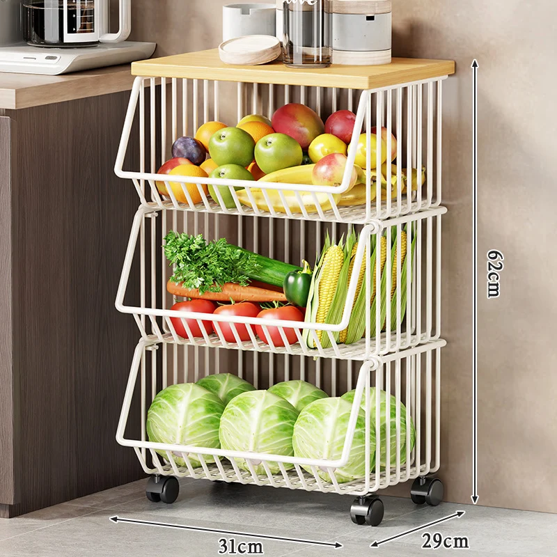 Multi-Ebenen Rollen Kücheneinkaufswagen für Obst und Gemüse mit Holzoberfläche