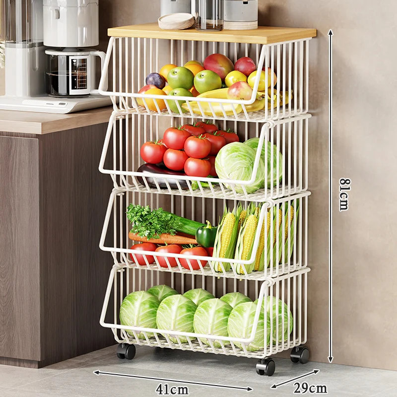 Multi-Ebenen Rollen Kücheneinkaufswagen für Obst und Gemüse mit Holzoberfläche