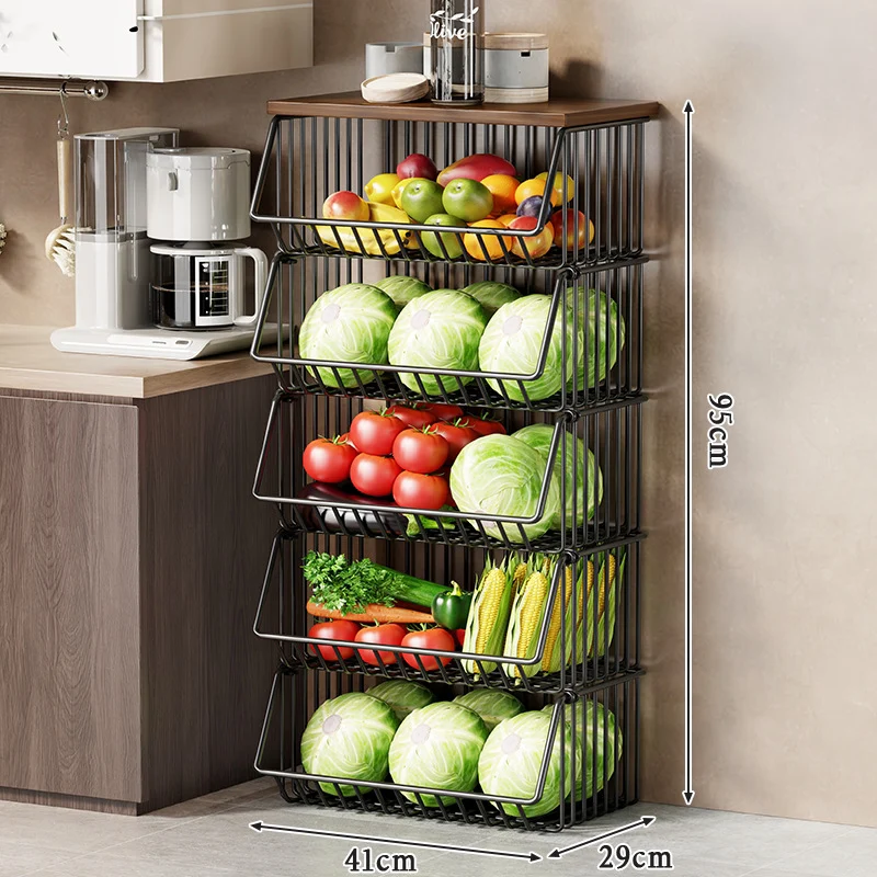 Multi-Ebenen Rollen Kücheneinkaufswagen für Obst und Gemüse mit Holzoberfläche