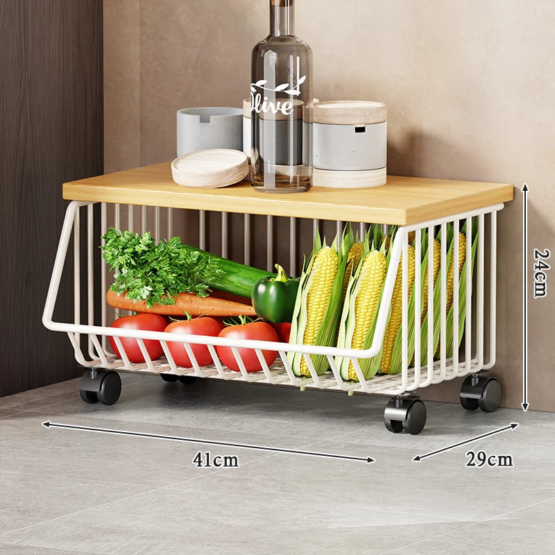 Multi-Ebenen Rollen Kücheneinkaufswagen für Obst und Gemüse mit Holzoberfläche