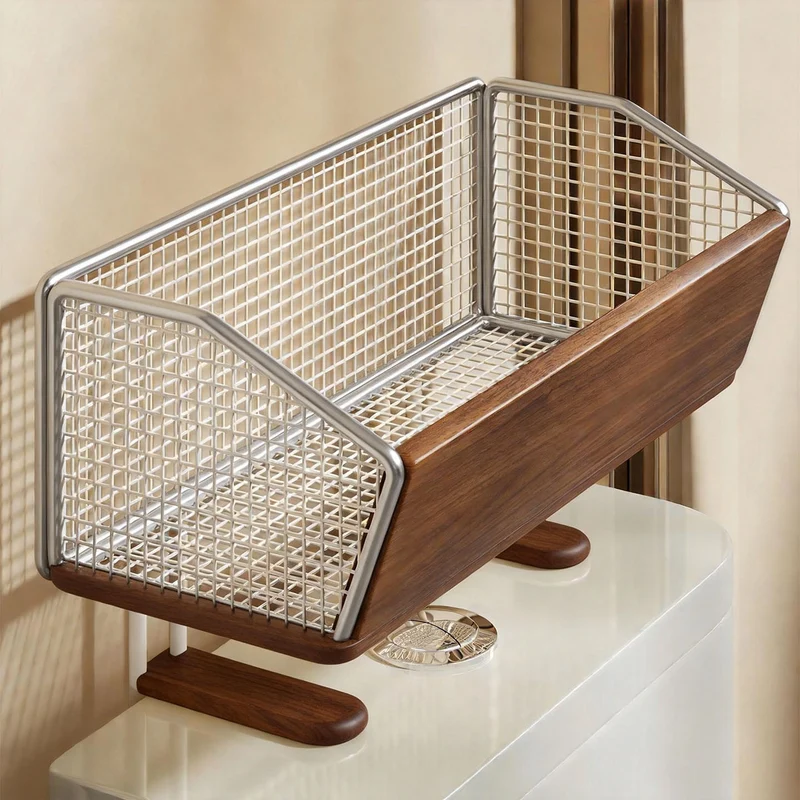 Erhöhter Mesh Badezimmer Arbeitsplatten Organizer Korb mit Holzfront und Chromrahmen