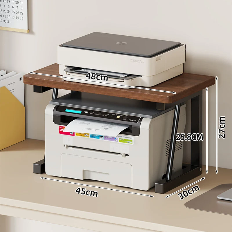 Desktop-Drucker- und Monitorständer mit erhöhtem Regalfach in Holzoptik und Metallrahmen
