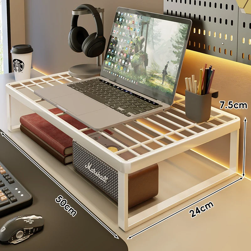 Belüftetes Metallgitter Laptop- und Monitorständer mit unterem Stauraumregal