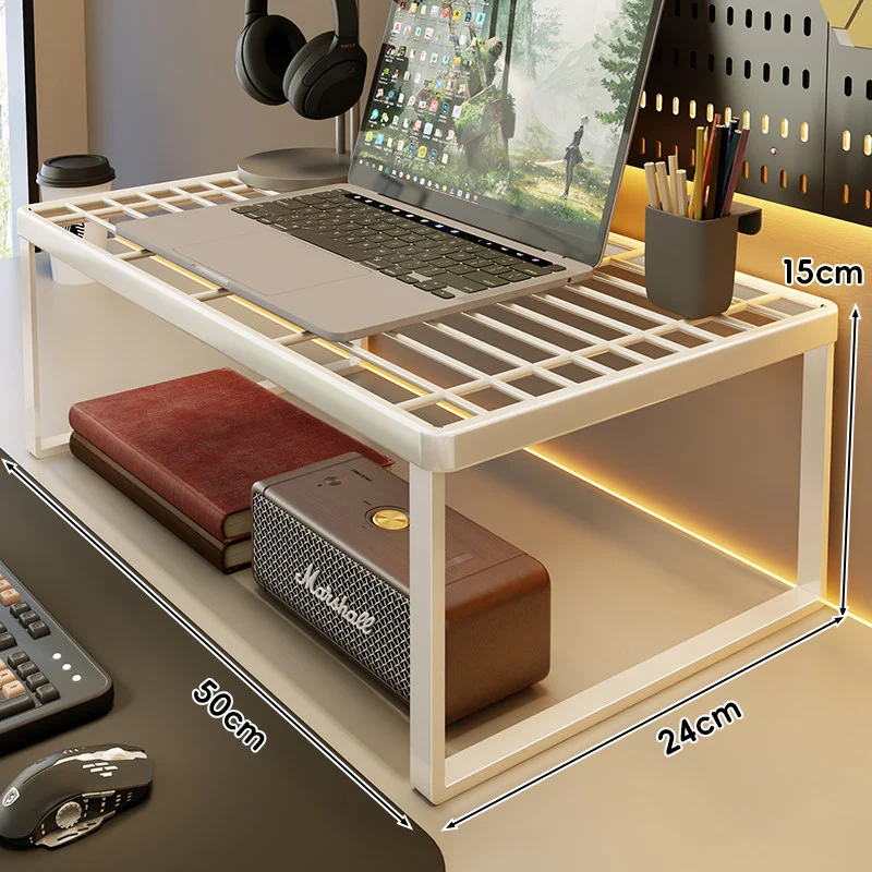 Belüftetes Metallgitter Laptop- und Monitorständer mit unterem Stauraumregal