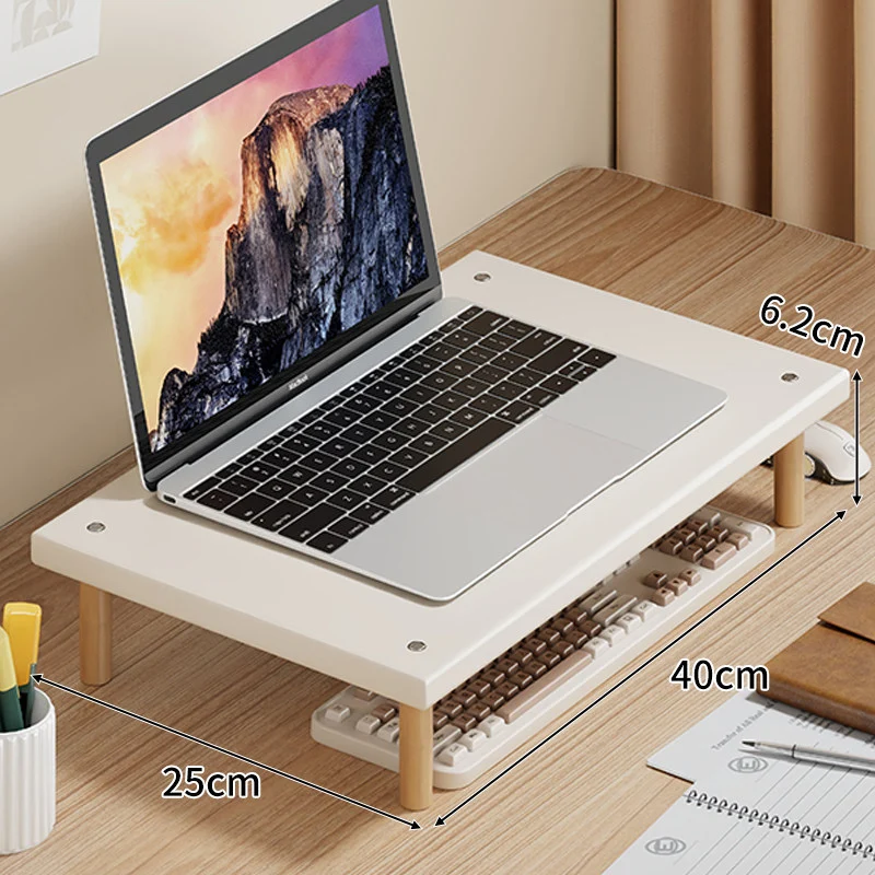 Kompakte Desktop-Laptop- und Monitorerhöhung mit Untertischstauraum und Holzbeinen