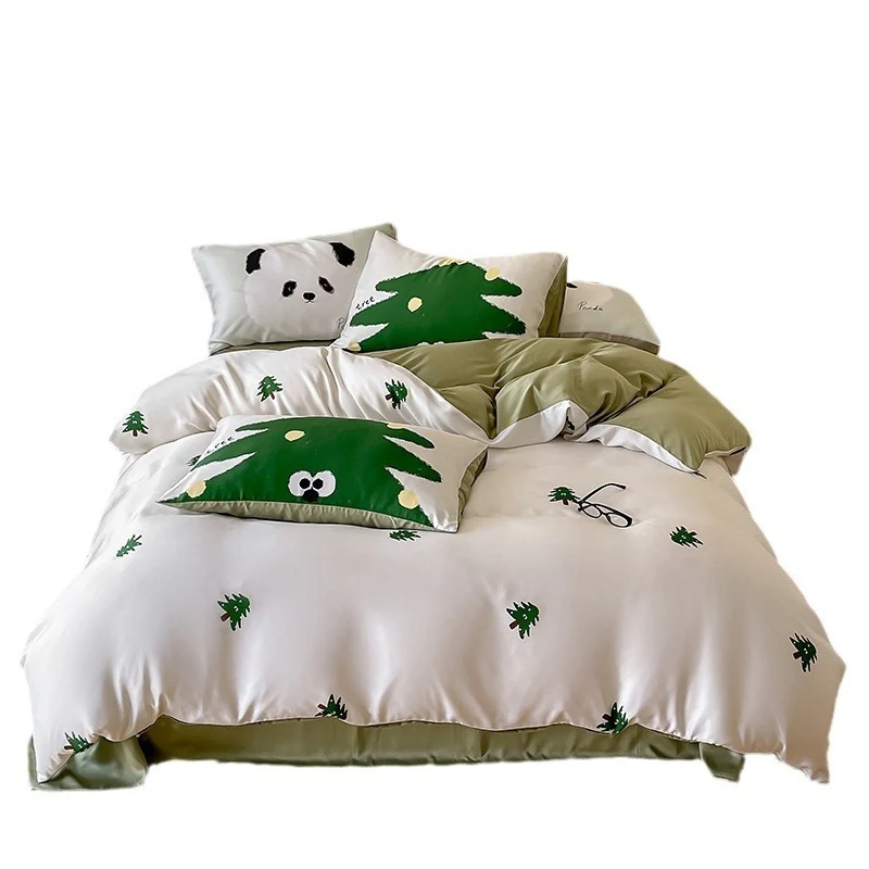 Wendbare Baumwollsatin-Bettgarnitur mit minimalistischen Panda-Gesichtern
