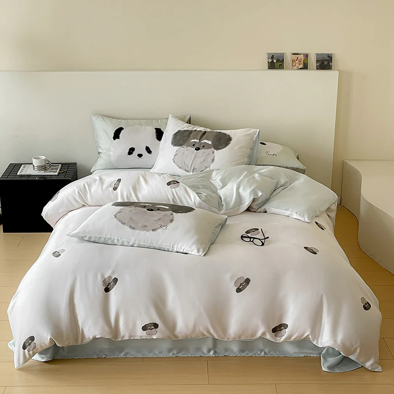 Wendbare Baumwollsatin-Bettgarnitur mit minimalistischen Panda-Gesichtern