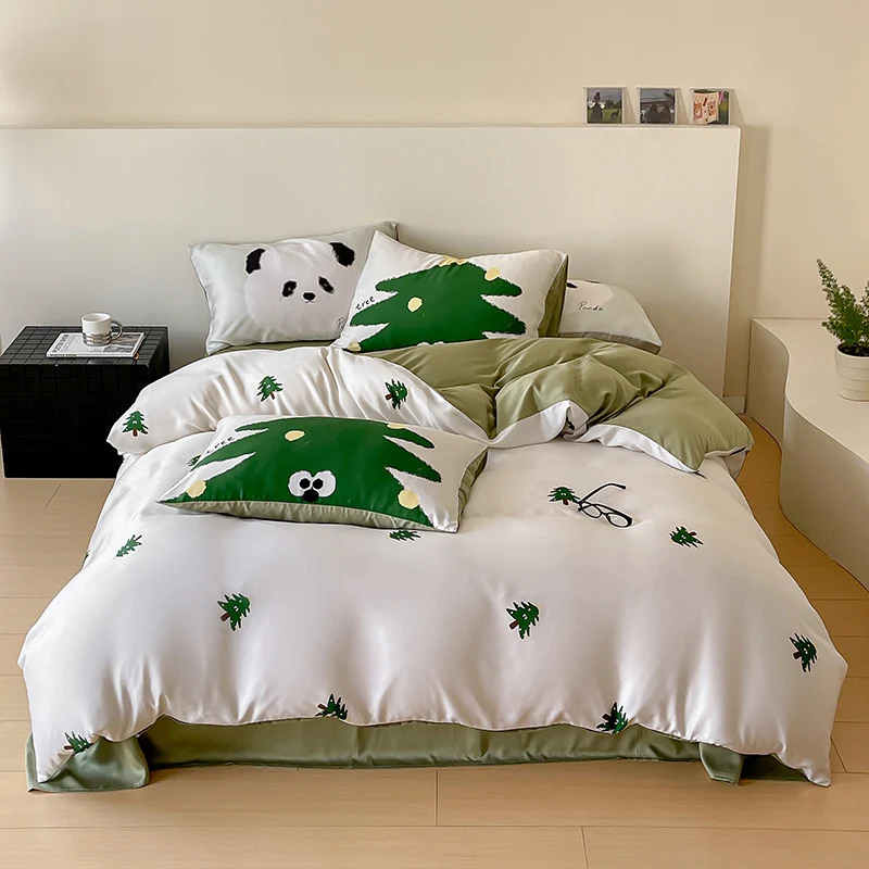 Wendbare Baumwollsatin-Bettgarnitur mit minimalistischen Panda-Gesichtern