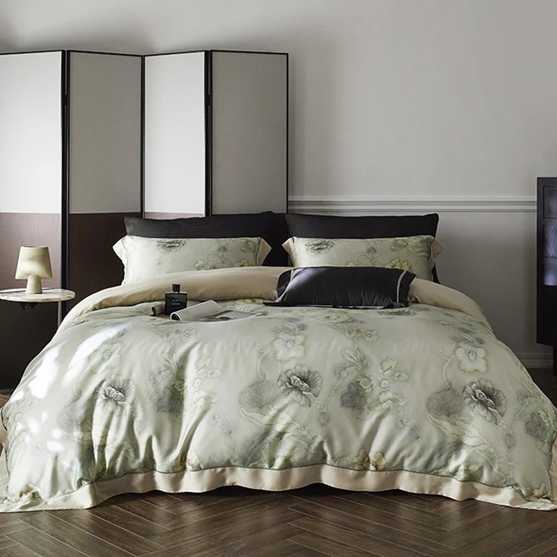 Premium-Baumwollsatin-Duvetbezug-Set mit Aquarellblumenmuster und seidig-mattem Griff