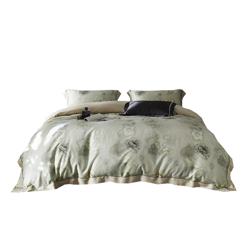 Premium-Baumwollsatin-Duvetbezug-Set mit Aquarellblumenmuster und seidig-mattem Griff