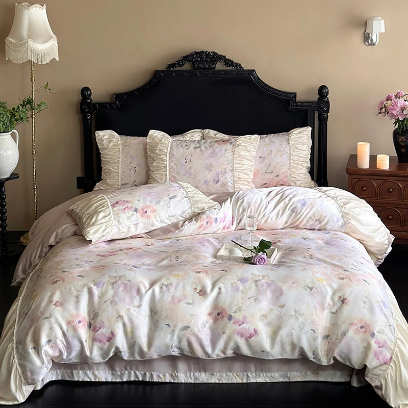 Elegantes Satin-Bettwäscheset mit Aquarell-Blumenmuster, Volant und gerafften Kissenbezügen