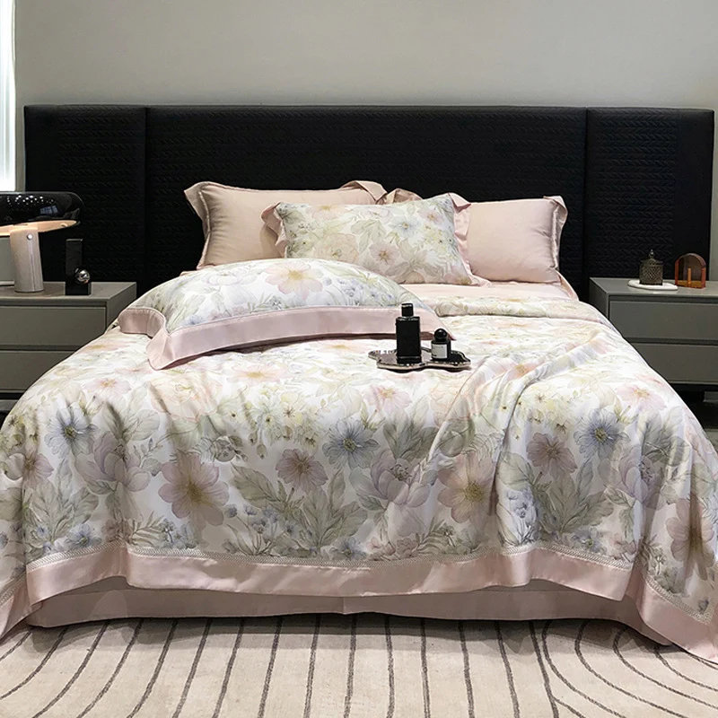 Luxuriöses Baumwollsatin-Bettwäsche-Set mit floralem Aquarellprint und feiner Satinkante