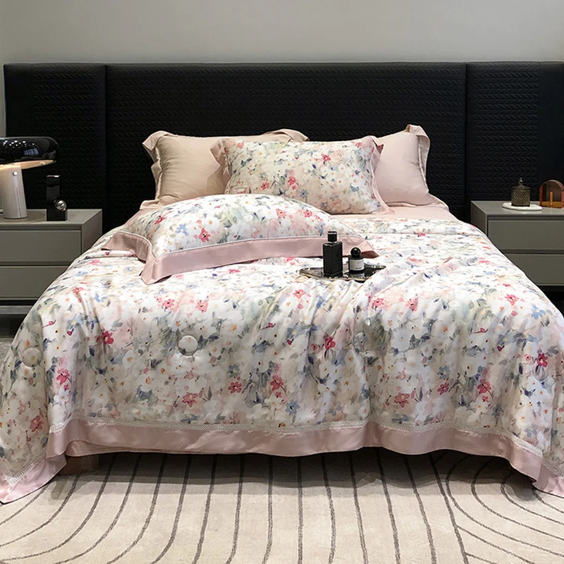 Luxuriöses Baumwollsatin-Bettwäsche-Set mit floralem Aquarellprint und feiner Satinkante