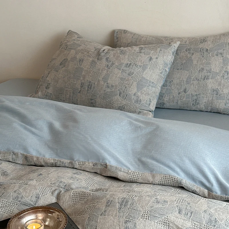Bettwäsche-Garnitur aus Leinen-Baumwoll-Mix mit geometrischem Patchwork-Design