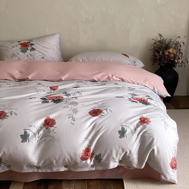 Premium-Baumwollsatin-Duvetbezuggarnitur mit floralem Jacquard-Relief und Knopfverschluss