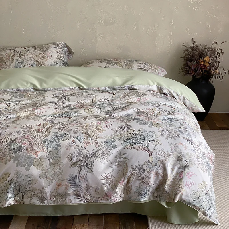 Premium-Baumwollsatin-Duvetbezuggarnitur mit floralem Jacquard-Relief und Knopfverschluss