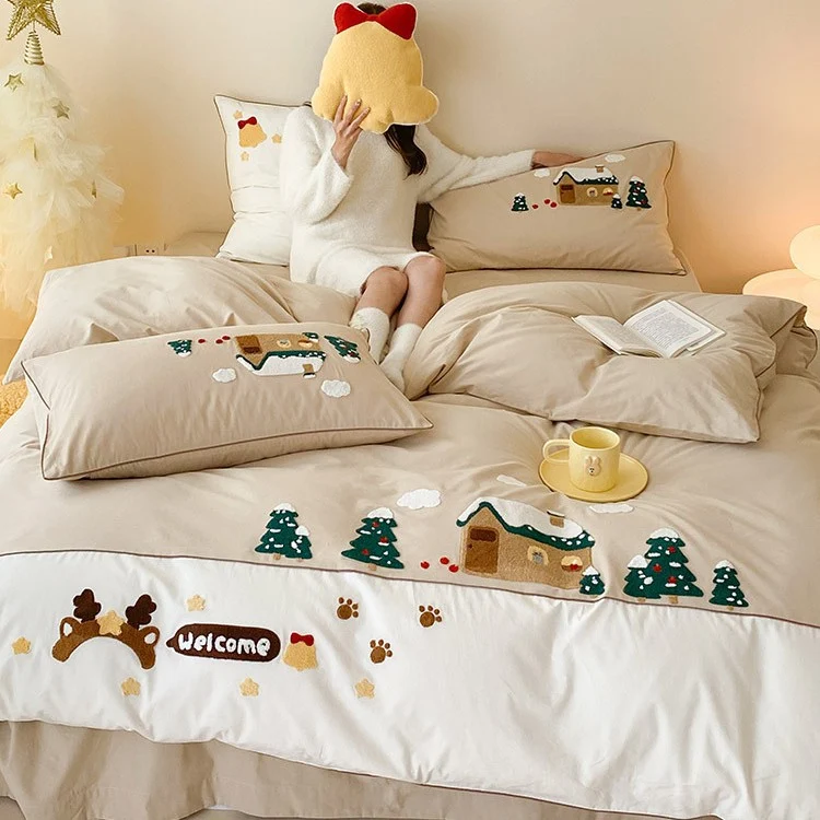 Kuscheliges Bettwäsche-Set mit bestickten Winterhaus- und Tannenbaum-Motiven