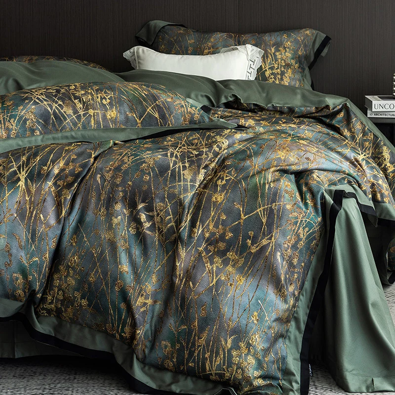 Luxuriöse Bettwäsche-Garnitur aus Baumwollsatin mit filigranem Gräser-Print und satiniertem Saum