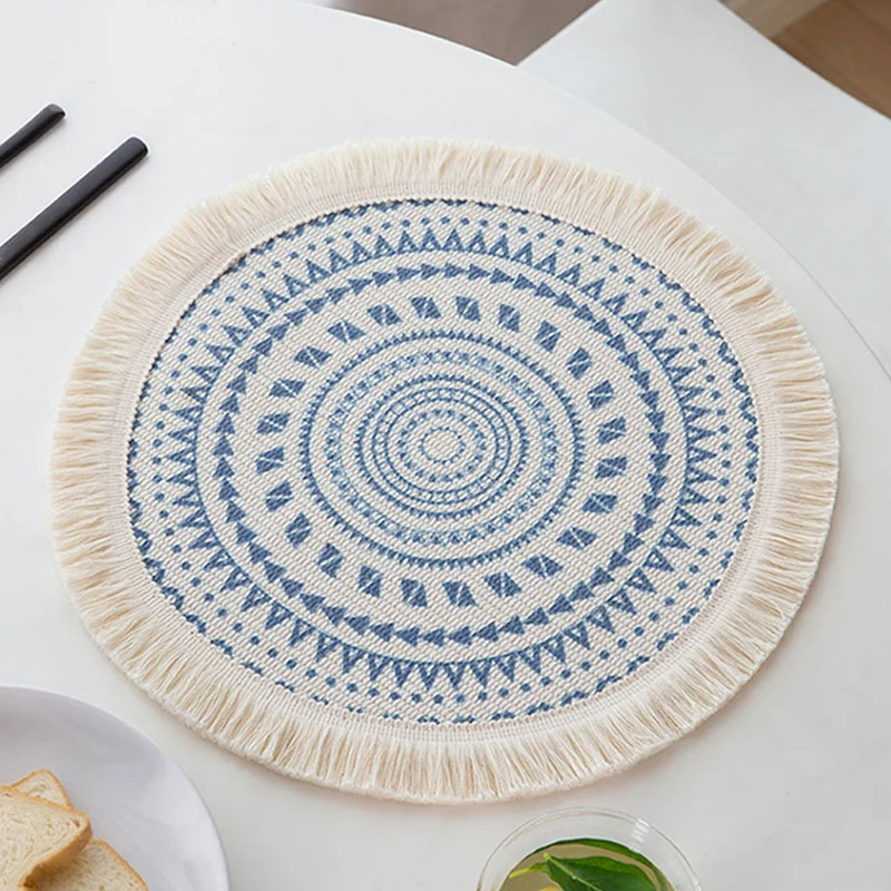 Rundes gewebtes Tisch-Platzset mit Fransenrand und Mandala-Jacquard