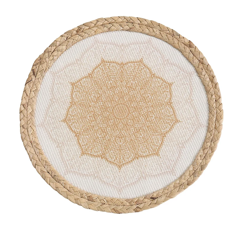 Runder Sitzpouf mit Mandala-Print, gewebter Oberfläche und geflochtenem Jute-Rand