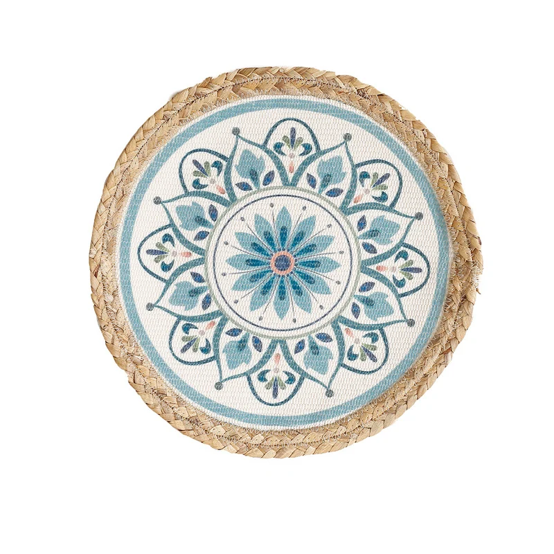 Runder Sitzpouf mit Mandala-Print, gewebter Oberfläche und geflochtenem Jute-Rand