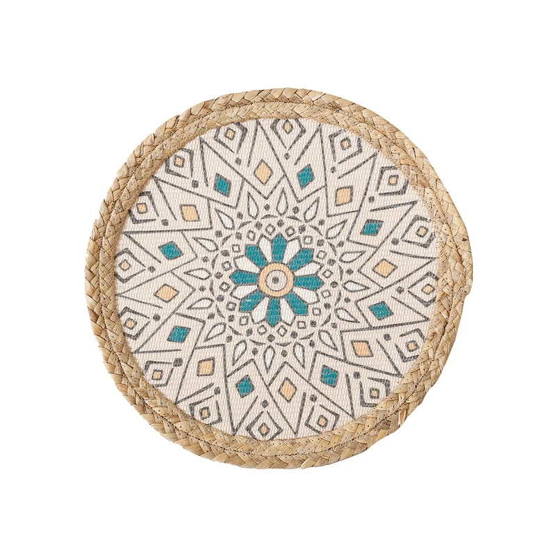 Runder Sitzpouf mit Mandala-Print, gewebter Oberfläche und geflochtenem Jute-Rand