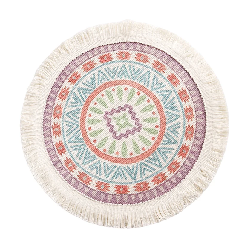 Runder flachgewebter Bodenteppich im Boho‑Mandala‑Design mit Baumwollfransen
