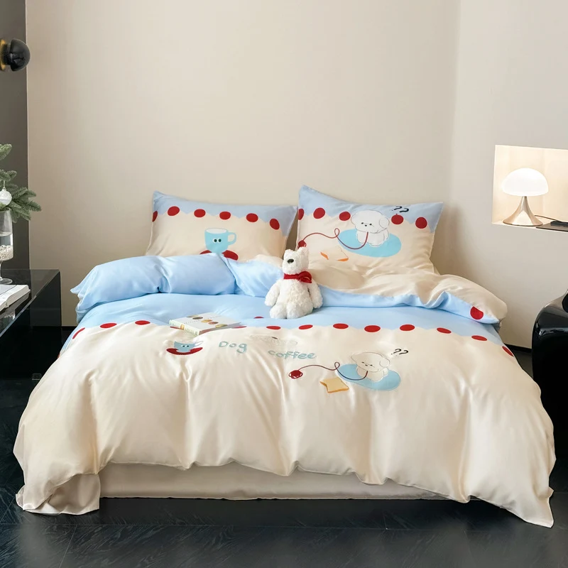 Wendbares Baumwoll-Bettwäsche-Set mit niedlichem Hundemotiv und Punktbordüre