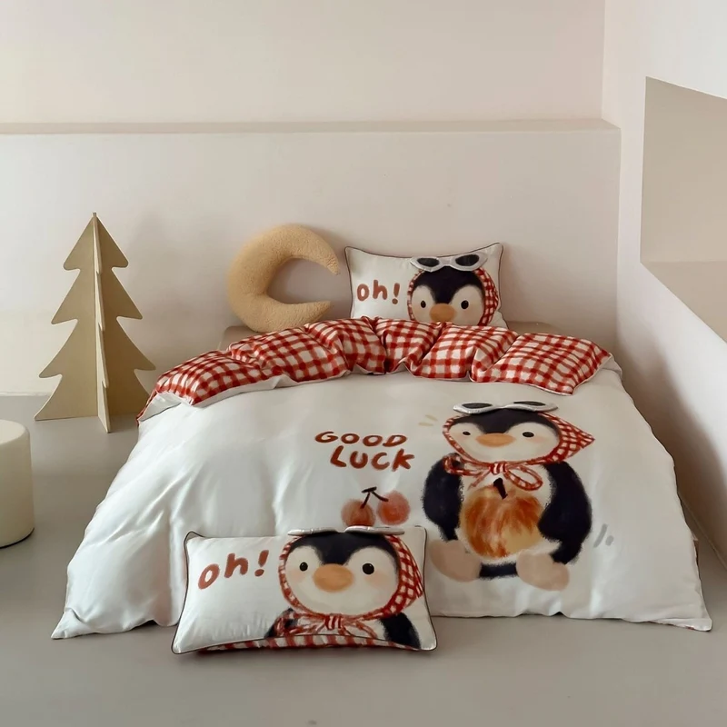 Kinder-Bettwäsche-Set mit niedlichem Pinguin-Motiv aus weichem Baumwollsatin und extraweichem Kopfkissen
